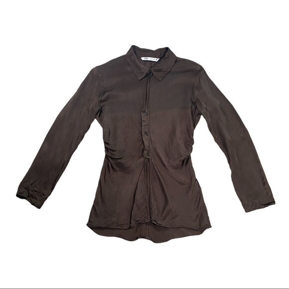 Y2k Zara Small Brown Long Sleeve Button Down Shirt - Picture 1 of 11